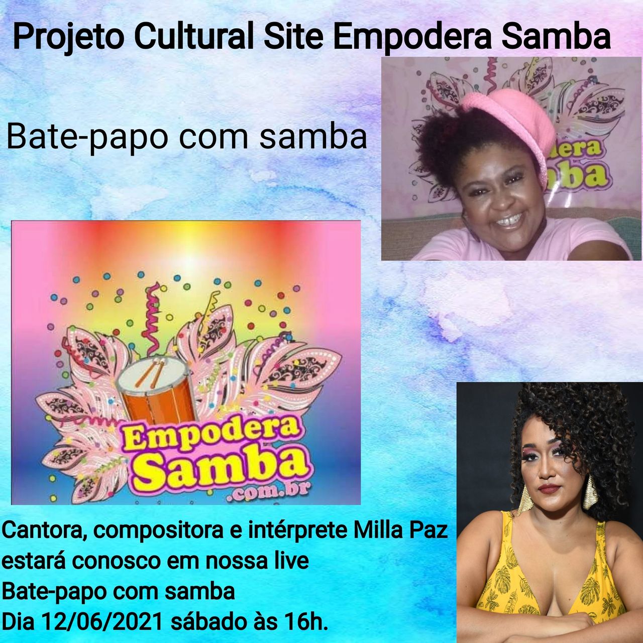 Milla Paz estará conosco em nossa live Bate-papo com samba 12/06